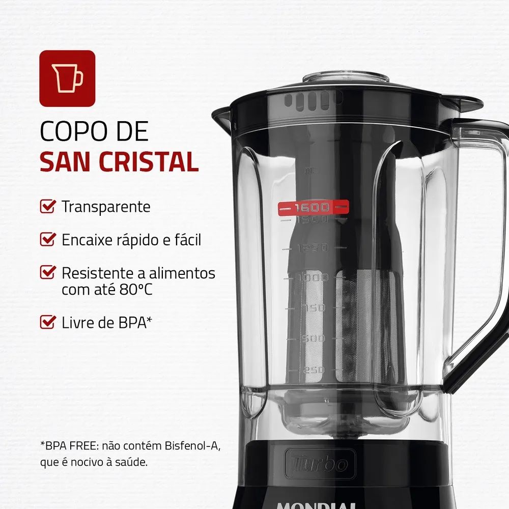 Liquidificador Mondial Preto Turbo Com Filtro 2,2 Litros 550W 220V L99FB, , large image number 2