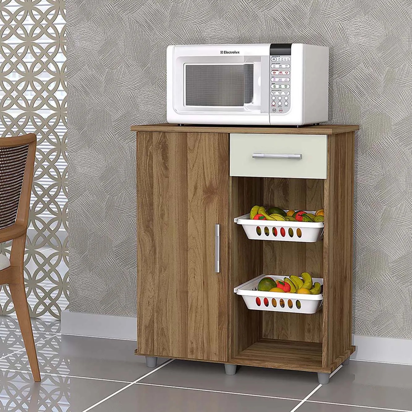 Fruteira de Chão para Cozinha 1 Porta 1 Gaveta Londres Magno - Freijó/Off White