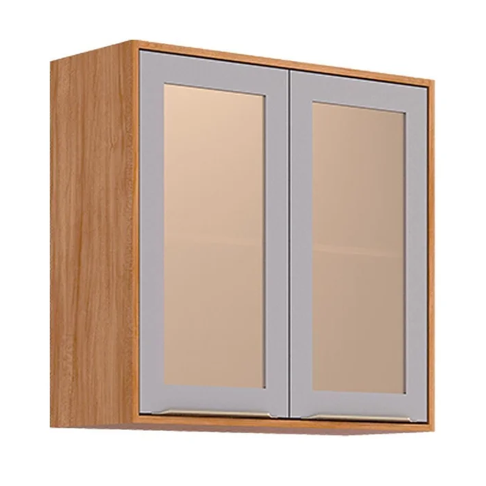 Armário de Cozinha Madeira com 2 Portas c/ Vidro Refleta 80cm MGM Cinamomo/Platino 100% MDF