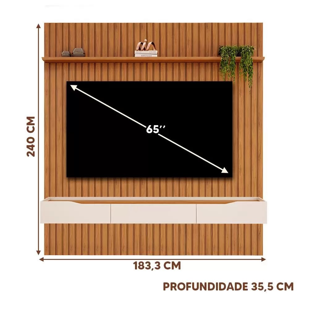 Painel para TV Até 65 Polegadas Ripado Freijó/Off White DJ Móveis Pratic, , large image number 3