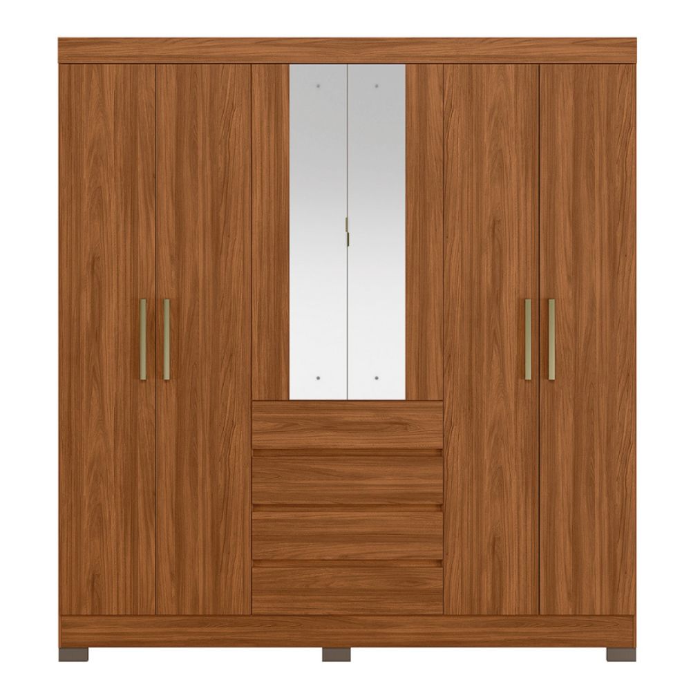 Guarda-Roupa Casal 6 Portas 4 Gavetas Nogueira com Espelho Opera Demóbile