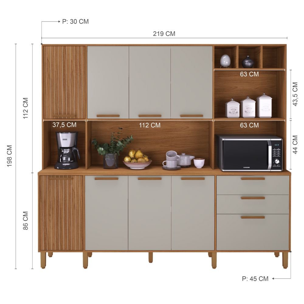 Kit Cozinha Indekes Porto 9 Portas 2 Gavetas 219x198x45,2cm Freijó/Off White, , large image number 2