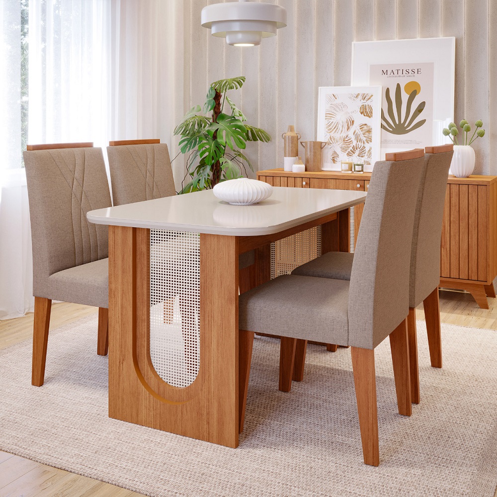 Conjunto de Mesa Sala Jantar Retangular 130x80 4 Cadeiras Nicole Cinamomo/Off White Cimol Valentina