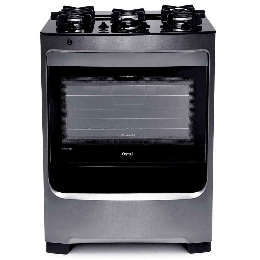 Fogão 5 Bocas Consul Mesa de Vidro Inox Trempes de Ferro Fundido Bivolt CFS5VAR
