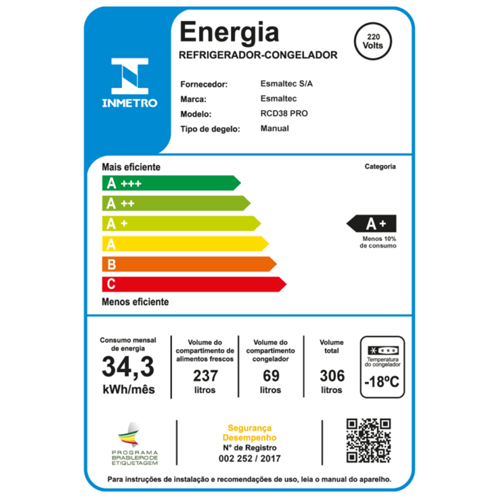 Geladeira Esmaltec Cycle Defrost 2 Portas Branca 306L 220V RCD38 Pró Inverter, , large image number 3