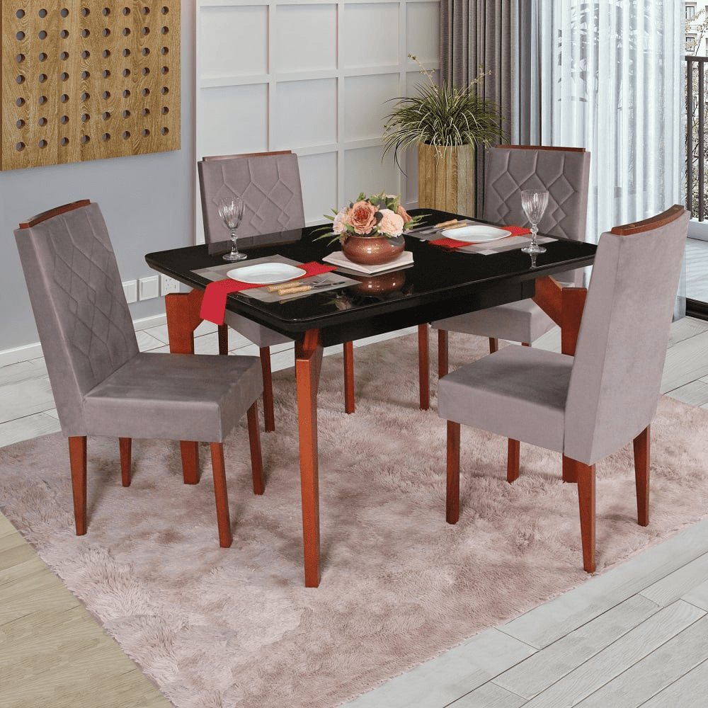 Mesa De Jantar 4 Cadeiras Retangular Tampo de Vidro S&atilde;o Carlos Abeille Mel/Preto, , large image number 1