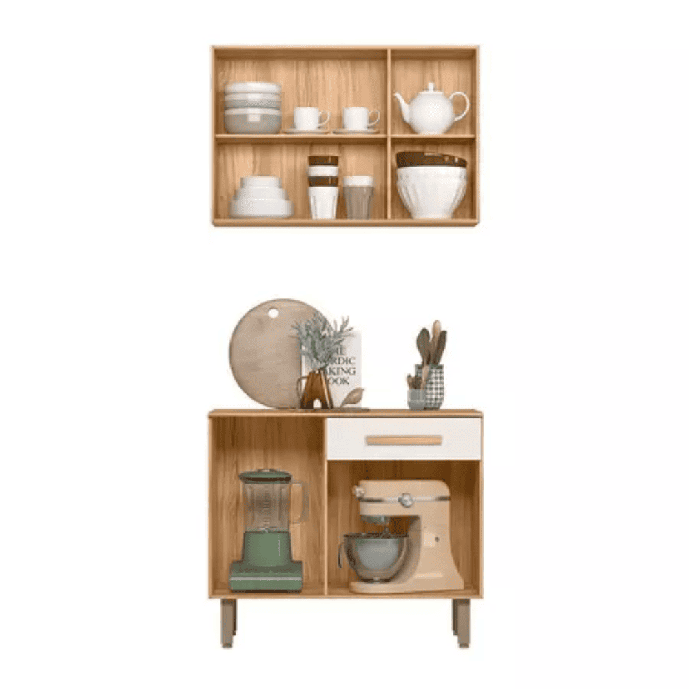 Arm&aacute;rio De Cozinha Com A&eacute;reo E Balc&atilde;o 5 Portas 1 Gaveta Freij&oacute;/Off White Nicioli Lemon, , large image number 4