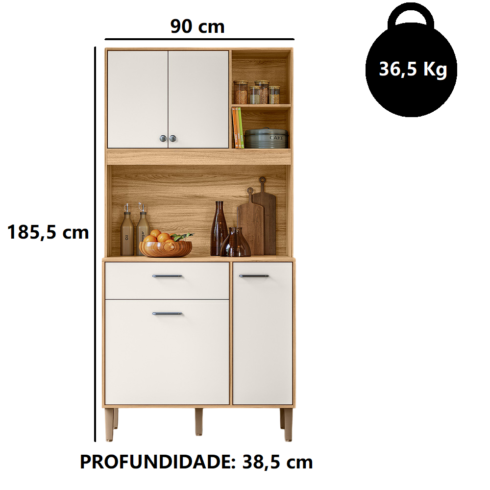 Arm&aacute;rio de Cozinha 90 cm 4 Portas 1 Gaveta Freij&oacute;/Off White Nicioli Erva Doce, , large image number 2