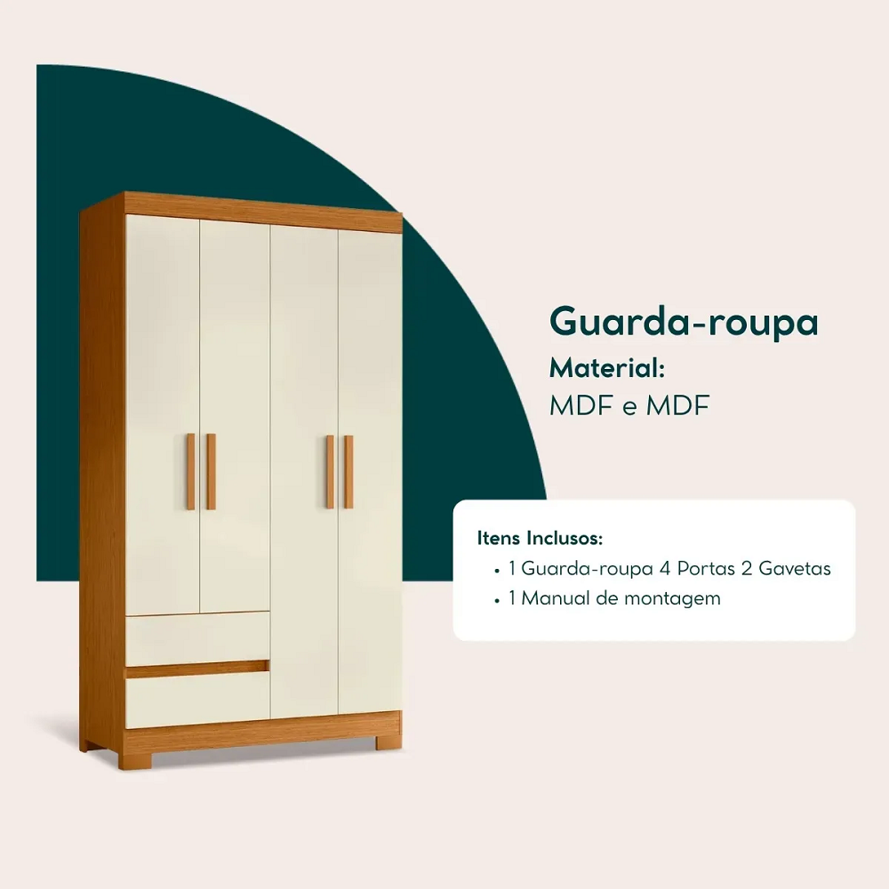 Guarda-Roupa Solteiro 4 Portas 2 Gavetas Cinamomo/Off White ACP Maya, , large image number 3