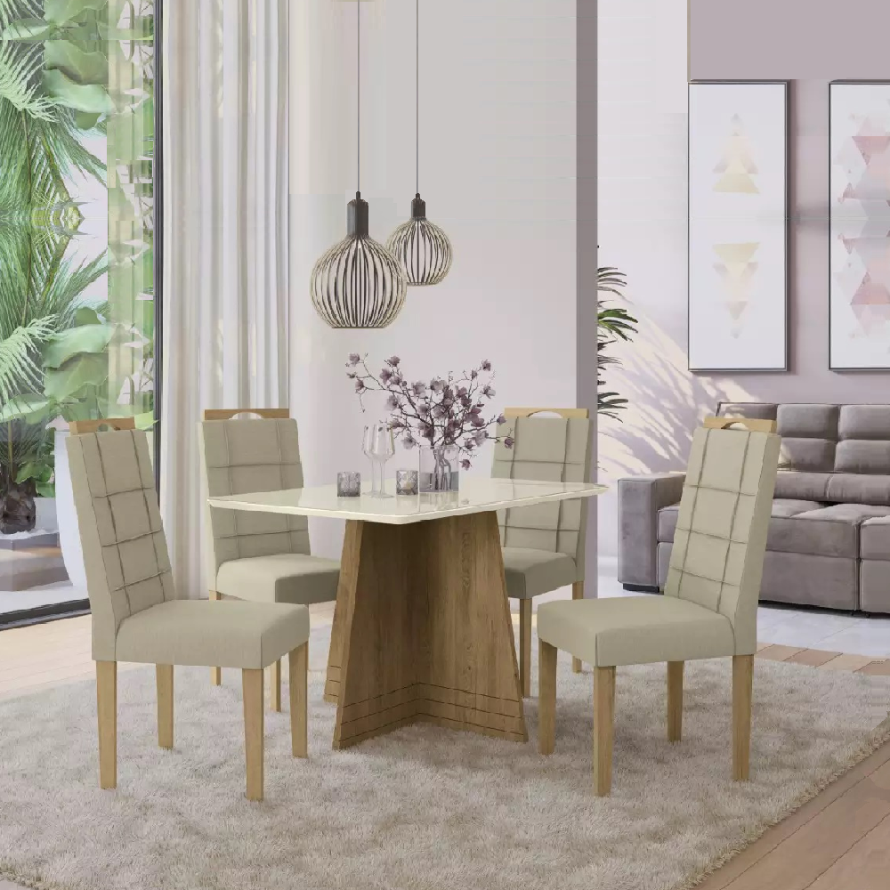 Conjunto de Mesa Quadrada com 4 Cadeiras Linho Beje Freijó/OffWhite Kappesberg BA25, , large image number 0