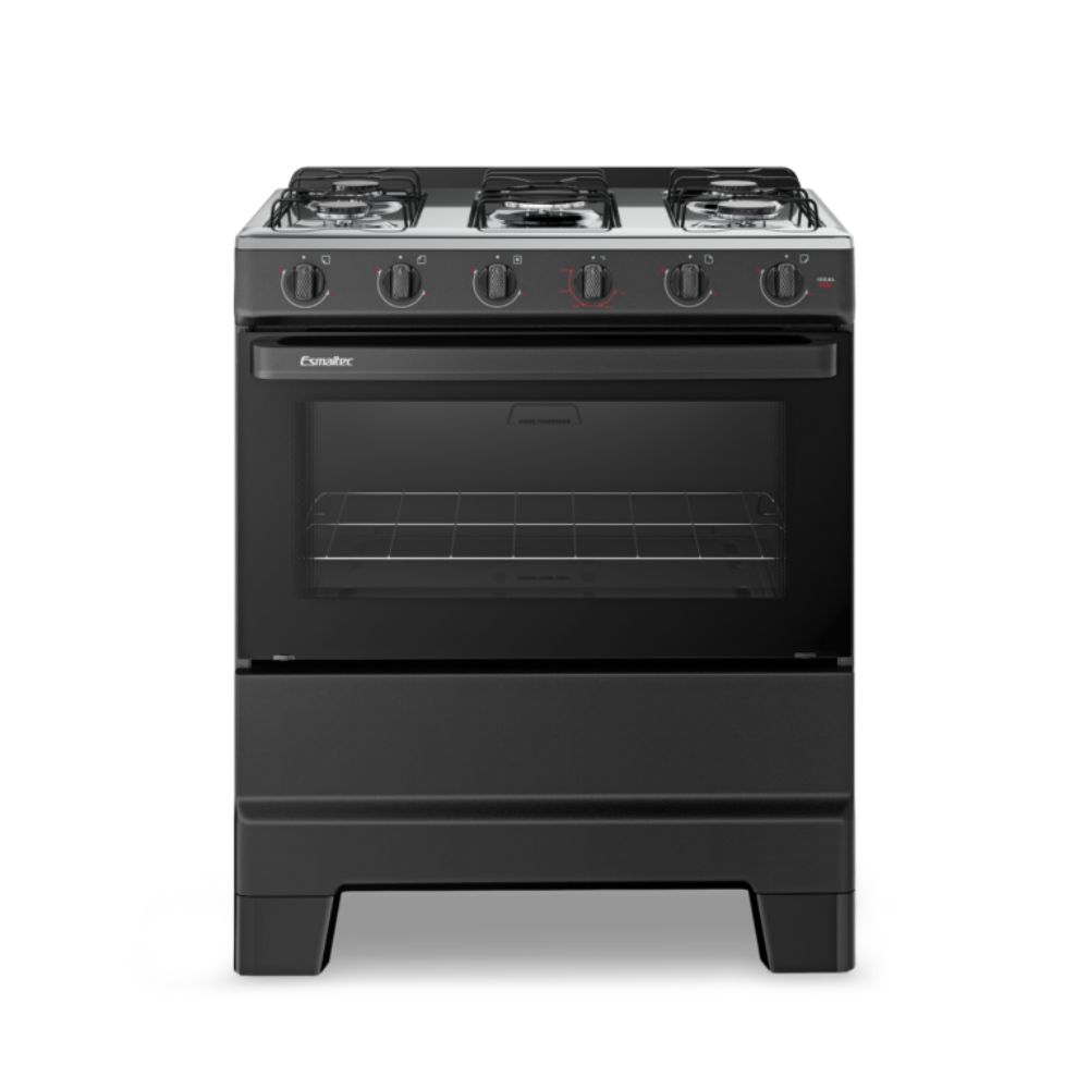 Fogão 5 Bocas Esmaltec Mesa de Inox Forno Limpa Fácil Preto Ideal Pop 5120 Bivolt