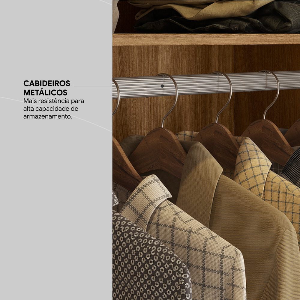 Guarda-Roupa Casal 6 Portas 3 Gavetas com Espelho Amendoa/Off White Demóbile Prático, , large image number 4