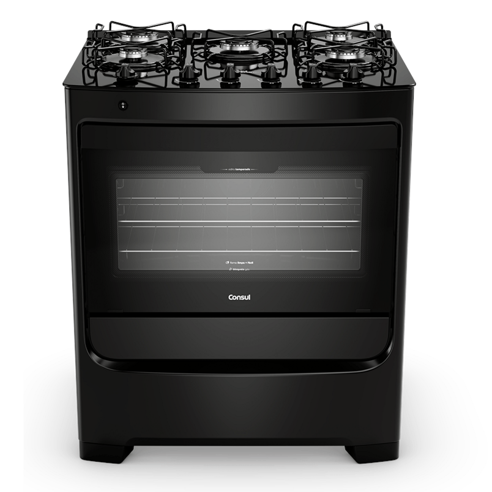 Fogão 5 bocas Consul Mesa de Vidro Preto Bivolt CFS5VBEUNA