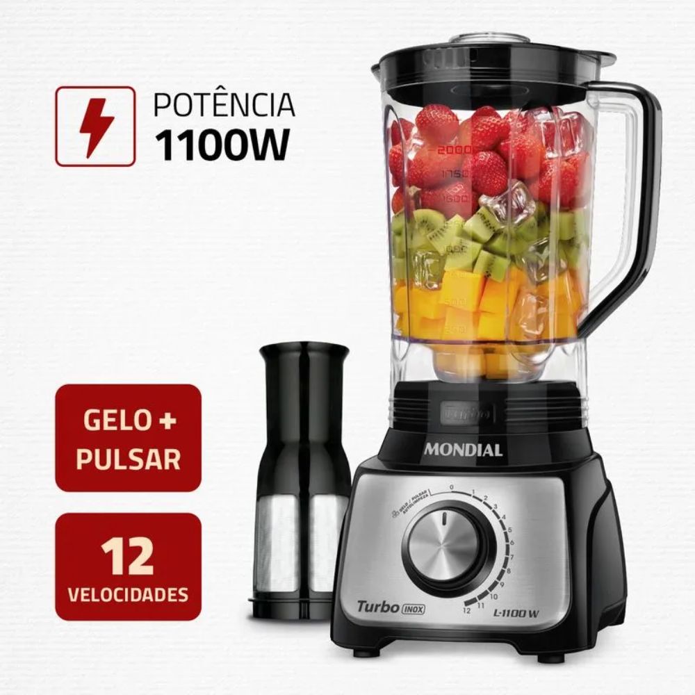 Liquidificador Mondial Turbo com Filtro 12 Velocidades L-1100-BI 3 Litros 220V 1100W, Preto, large image number 1