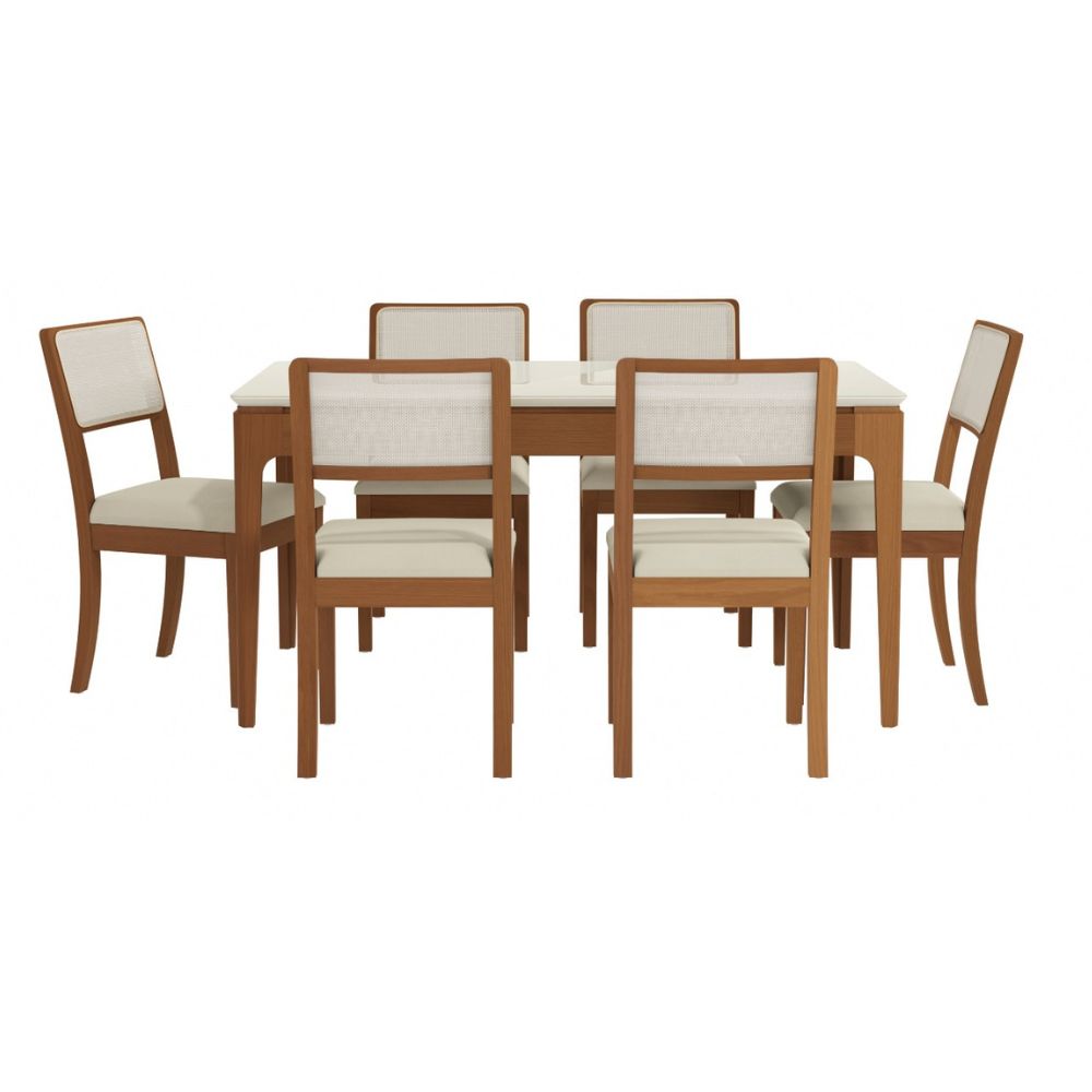 Conjunto Mesa de Jantar Retangular Premium 6 Cadeiras Lola Kappesberg CSJ022CA Canela Off White