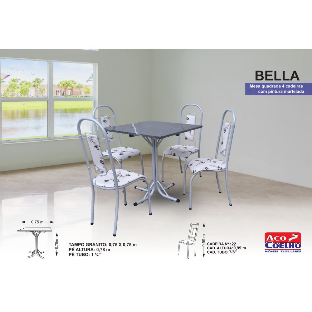 Mesa de Cozinha 4 Cadeiras Quadrada Aço Coelho Bella Granito, Branco, large image number